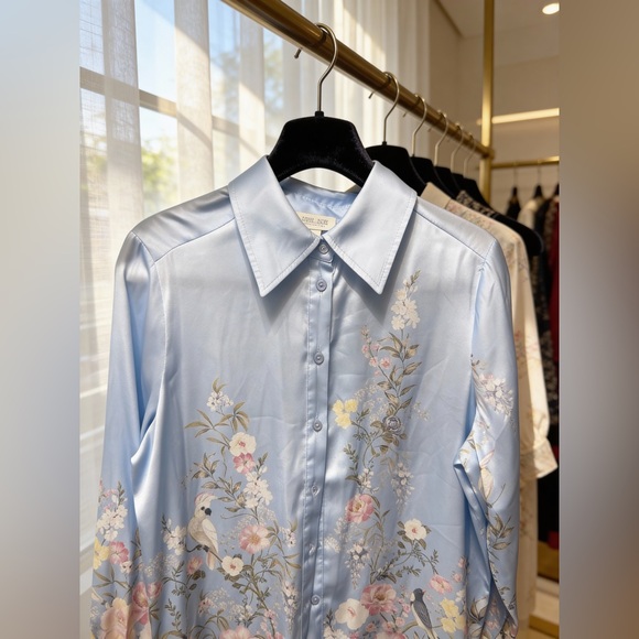 Rachel Zoe Blue Printed Floral Satin Collared Button Down Shirt - Picture 3 of 5
